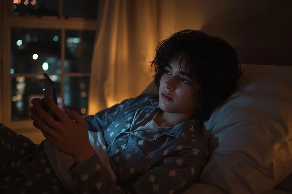 Trans person using their phone in bed at night