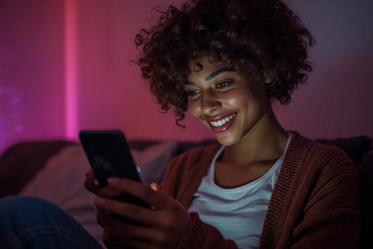 Transgender woman smiling at phone in cozy setting.