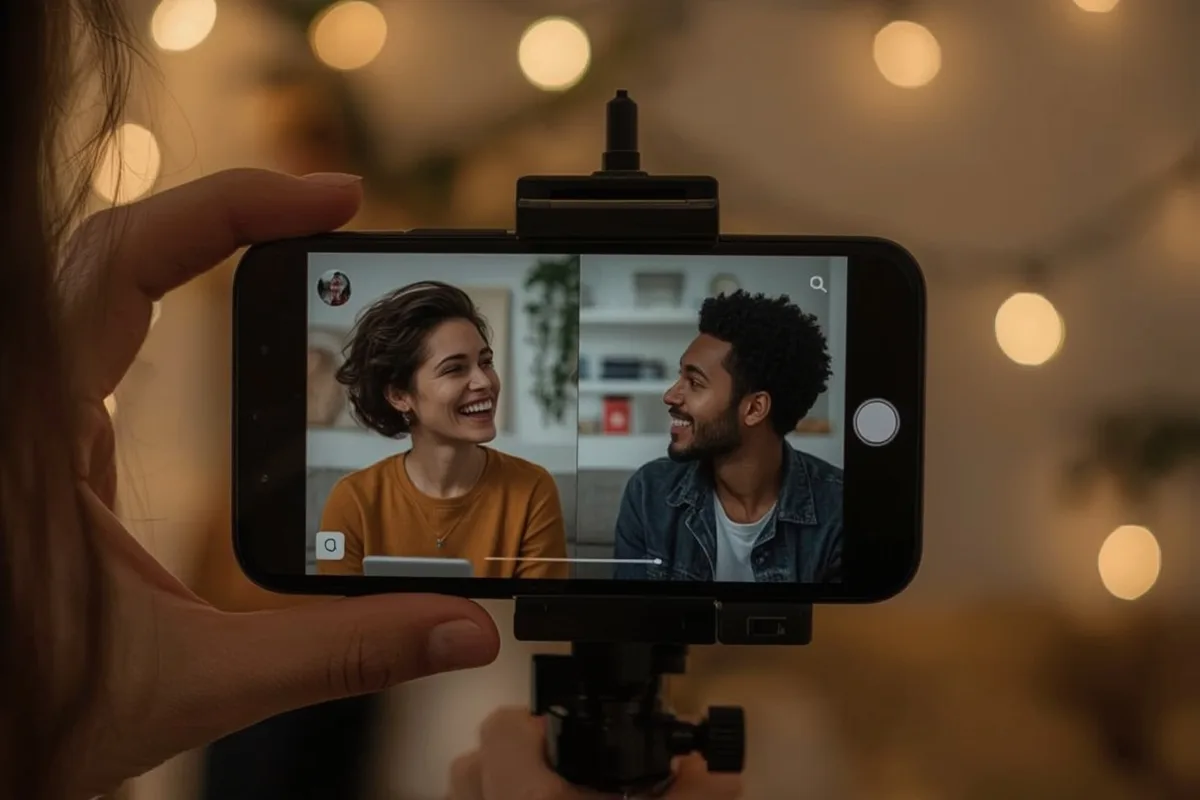 Two people engaged in a split-screen video chat