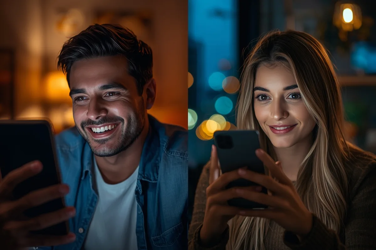 Two people enjoying a lively text chat session via phone