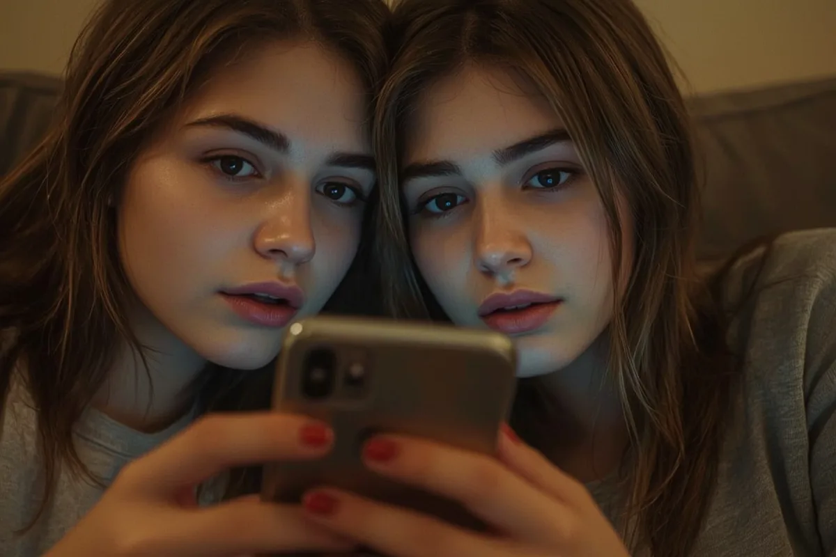 Two teenagers sharing a moment as they view something on a phone, their expressions are mixed with curiosity and intrigue.