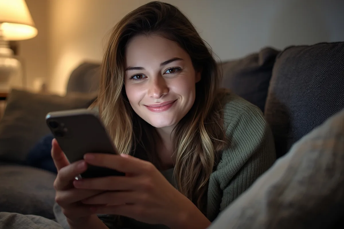 Woman casually using her phone for anonymous chat