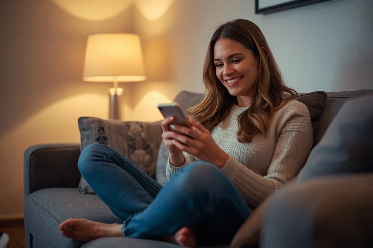 Woman chatting contentedly on her phone in a living room
