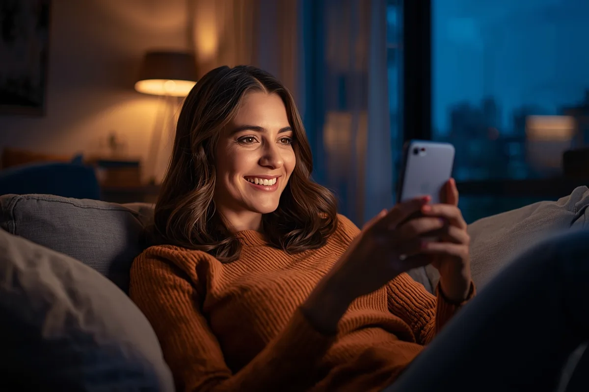 Woman engaged in casual video chat on phone in living room