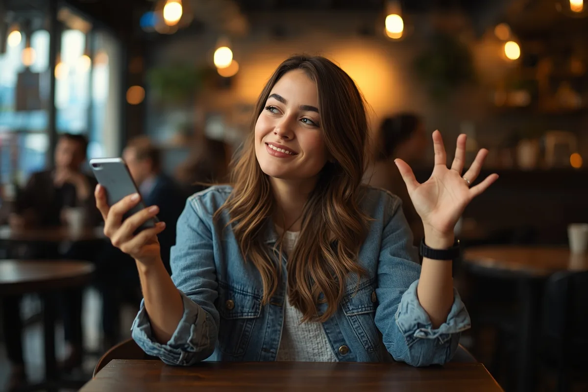 Woman engaging in chat at cafe
