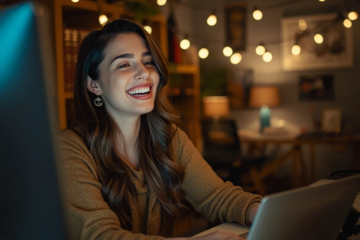Woman enjoying a video call in a cozy home office