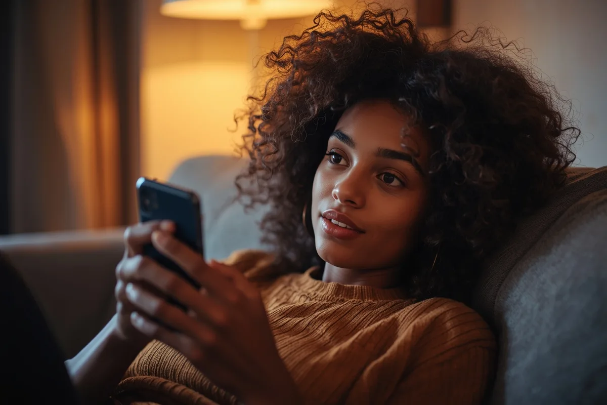 Woman enjoying random text chat from comfort of her couch
