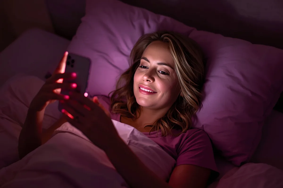 Woman in bed video chatting on her phone with soft pink light