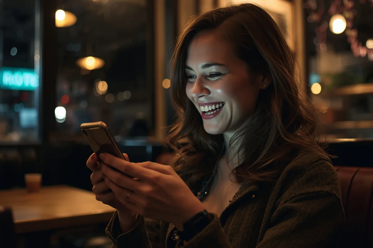 Woman laughing at phone in a cafe, experiencing a delightful 1v1 chat
