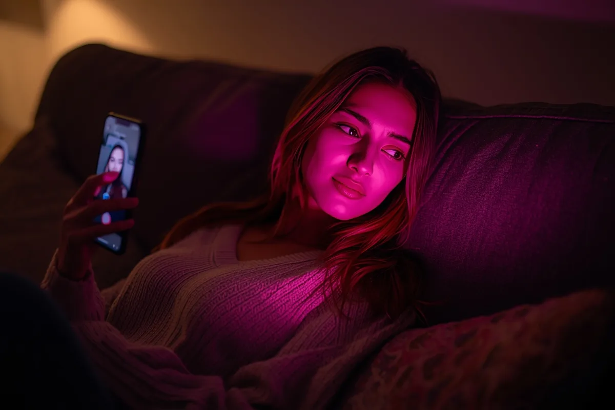 Woman on a couch engaged in a video call