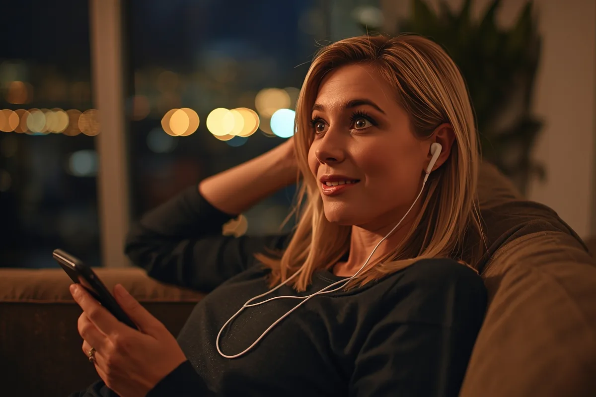 Woman on a sofa using earbuds during a video call