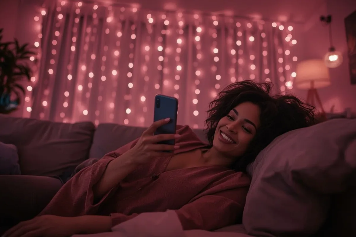 Woman on video call in cozy living room