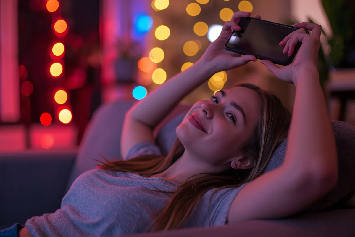 Woman playfully chatting on her phone in a brightly lit room