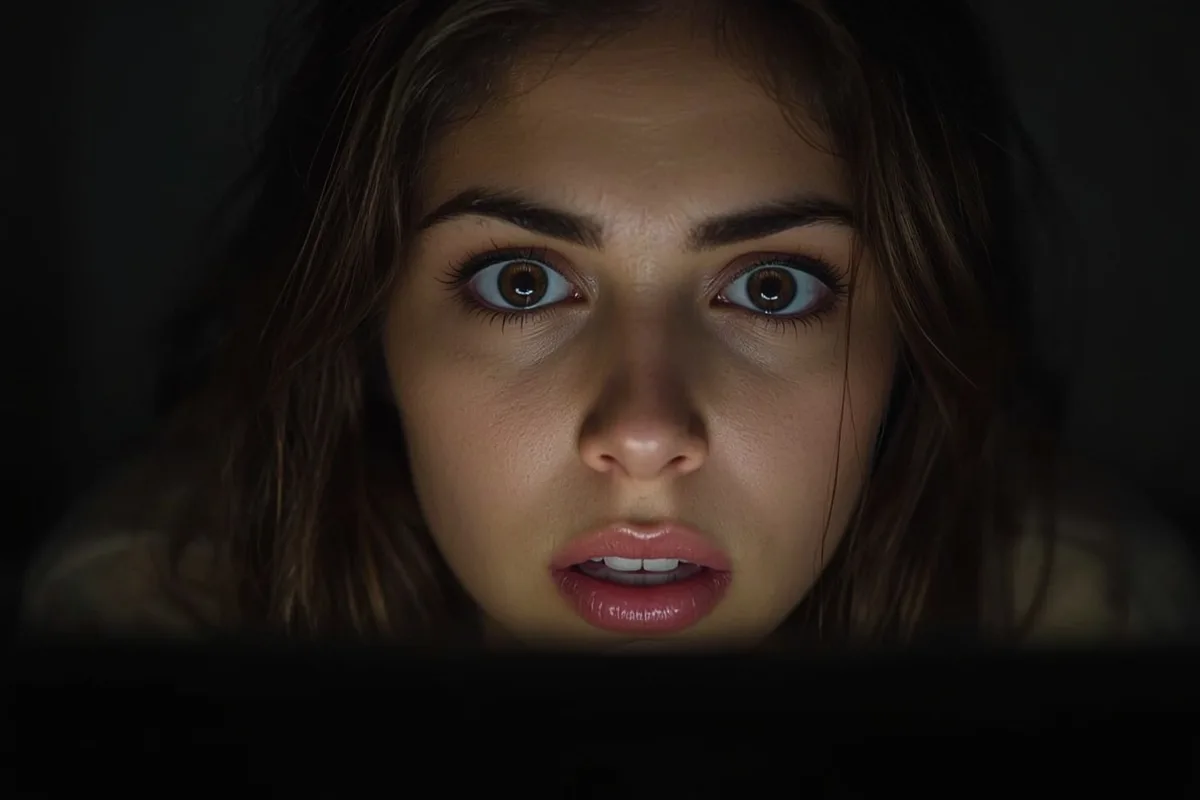 Woman showing shock and curiosity during an Omegle video chat