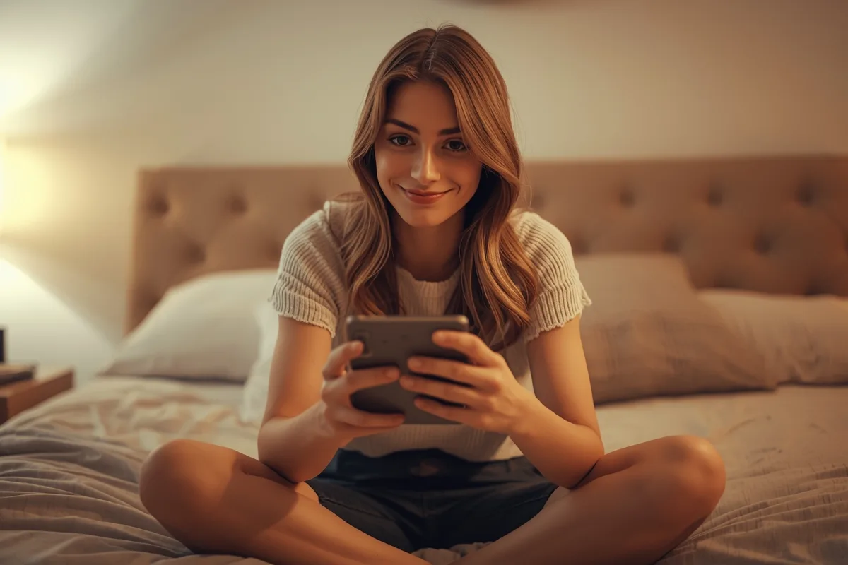 Woman sitting cross-legged on bed video chatting