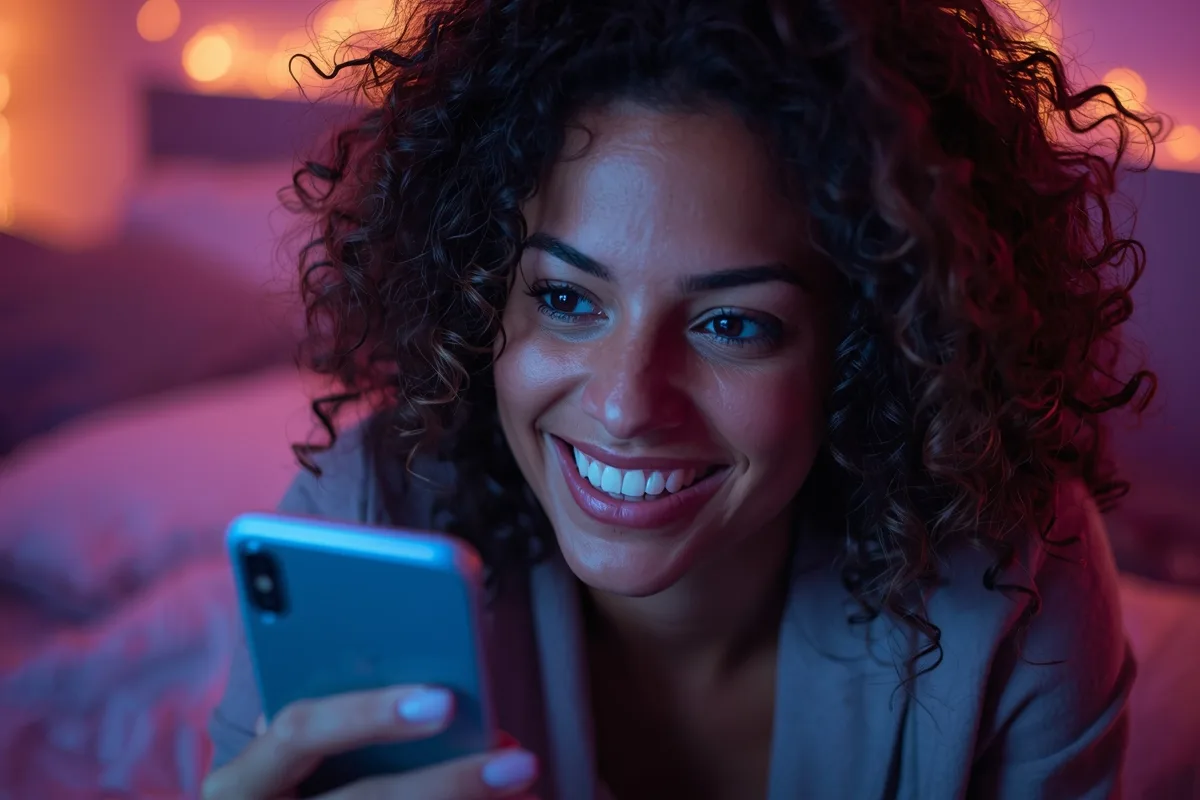 Woman smiling at phone while video chatting