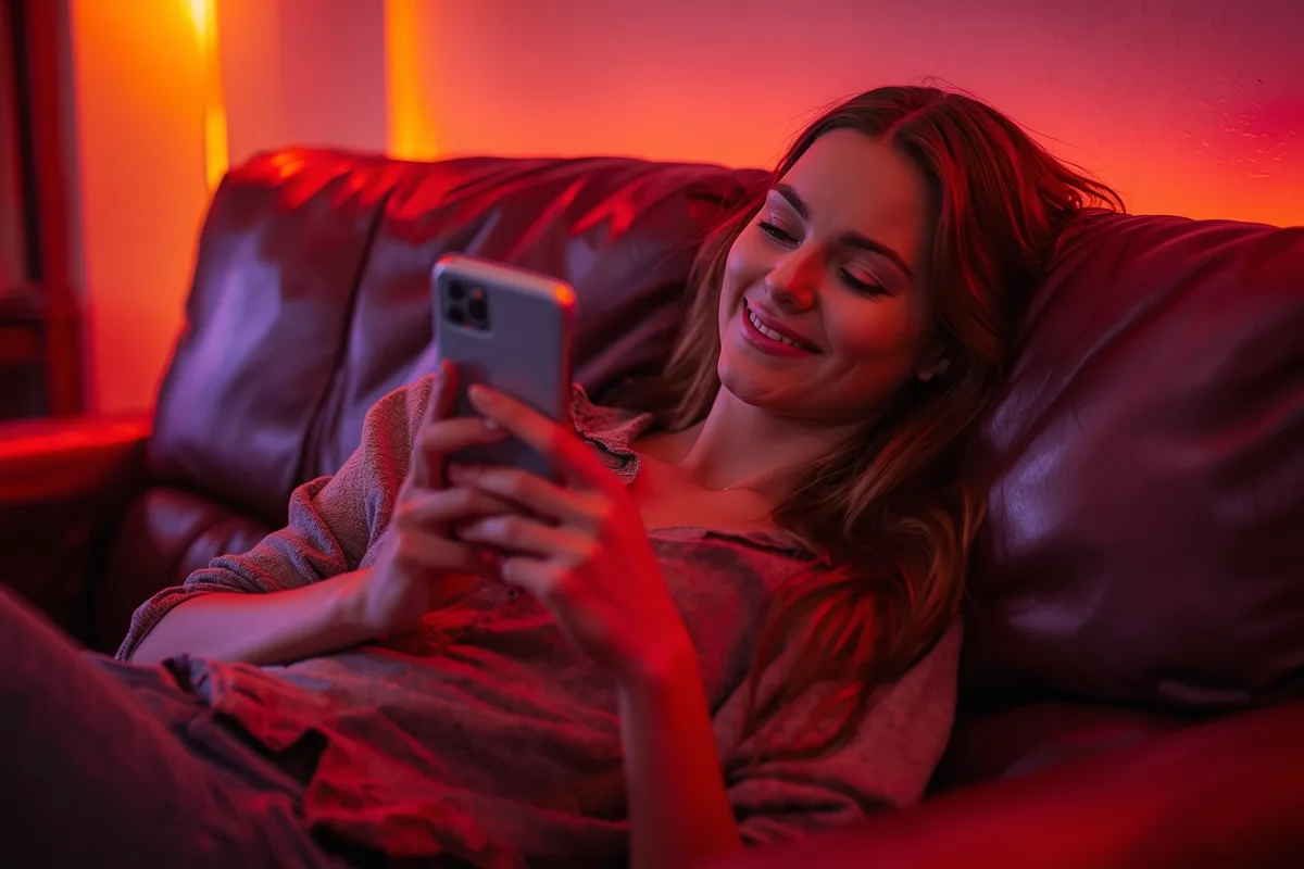 Woman texting with a playful expression