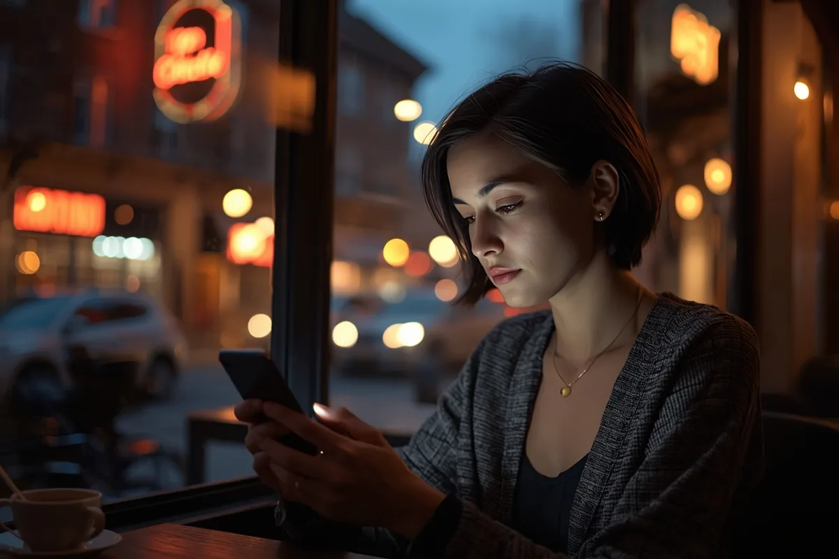 Woman thoughtfully chatting on phone in dimly-lit café