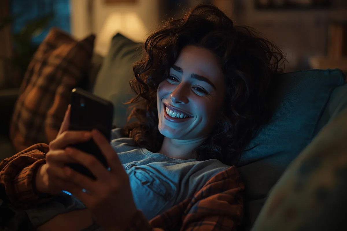 Woman using her phone for random text chat from her couch