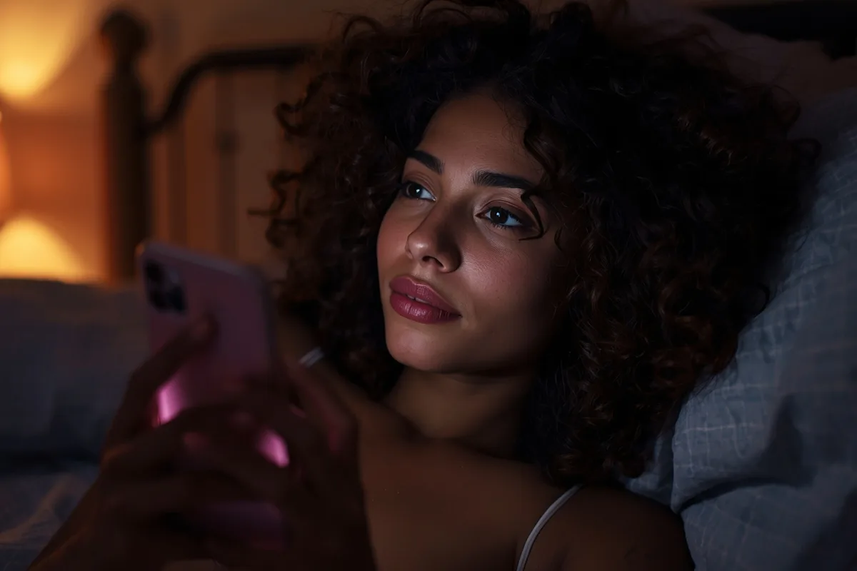 Woman using phone for random chat in bed with a curious smile