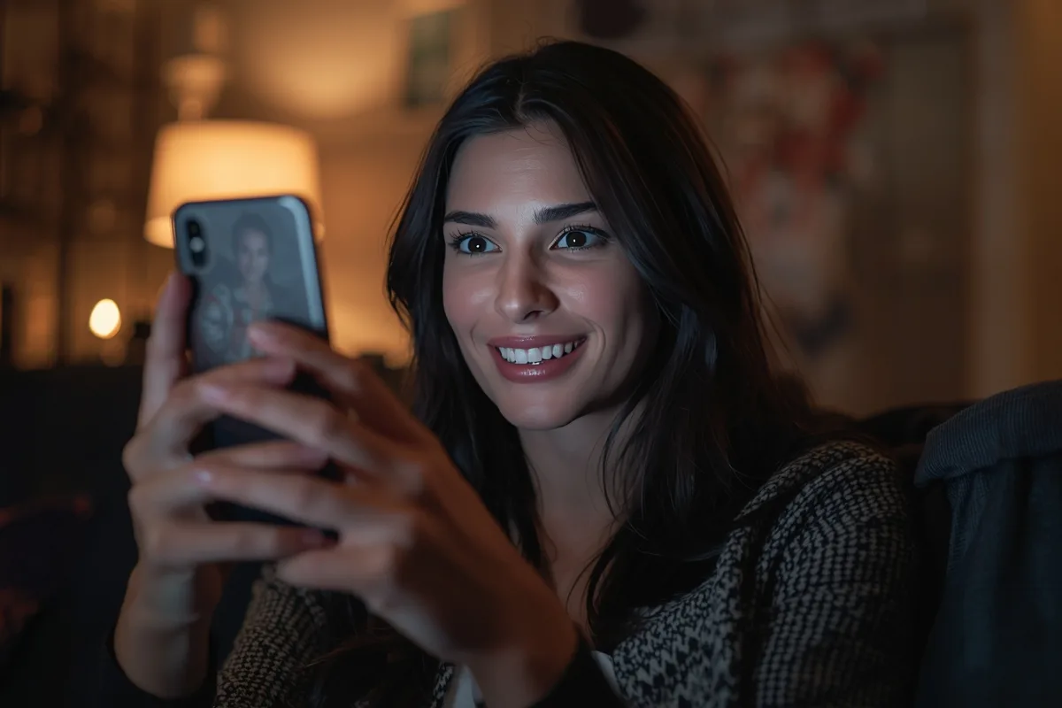 Woman using video chat app in a living room.