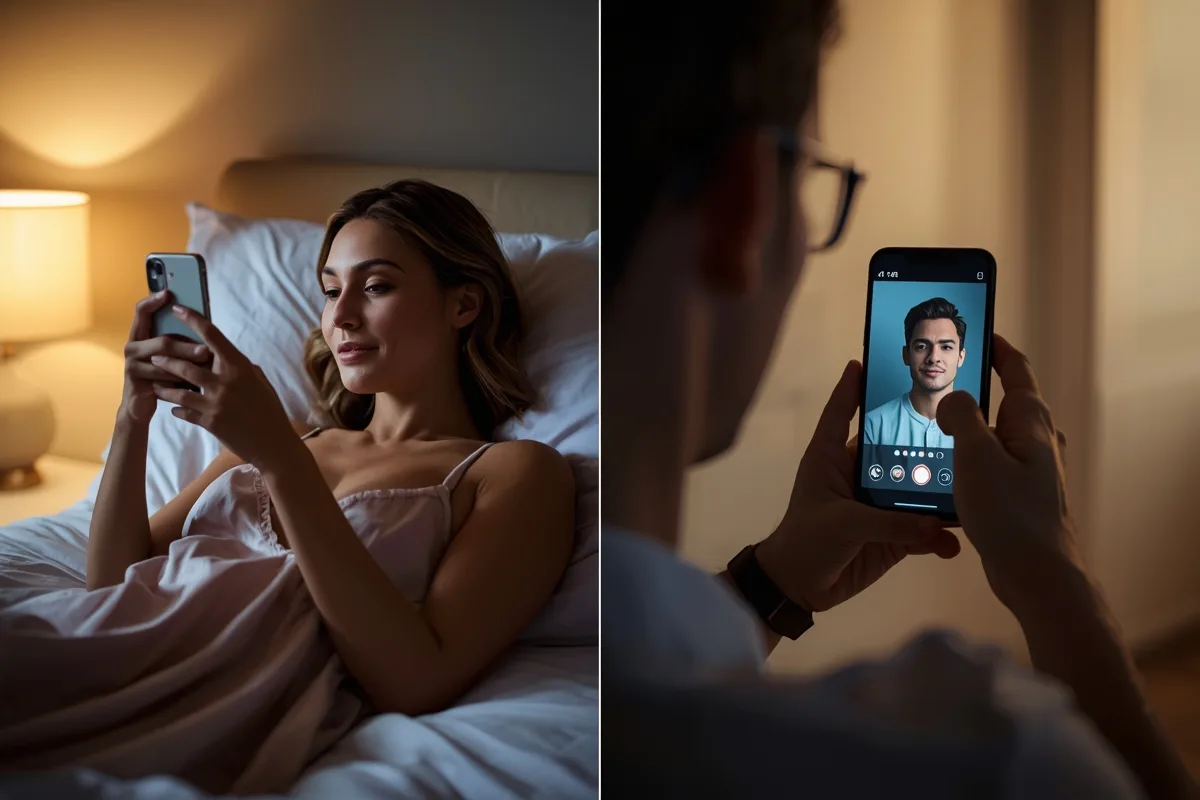Woman video chatting in a cozy bedroom setting