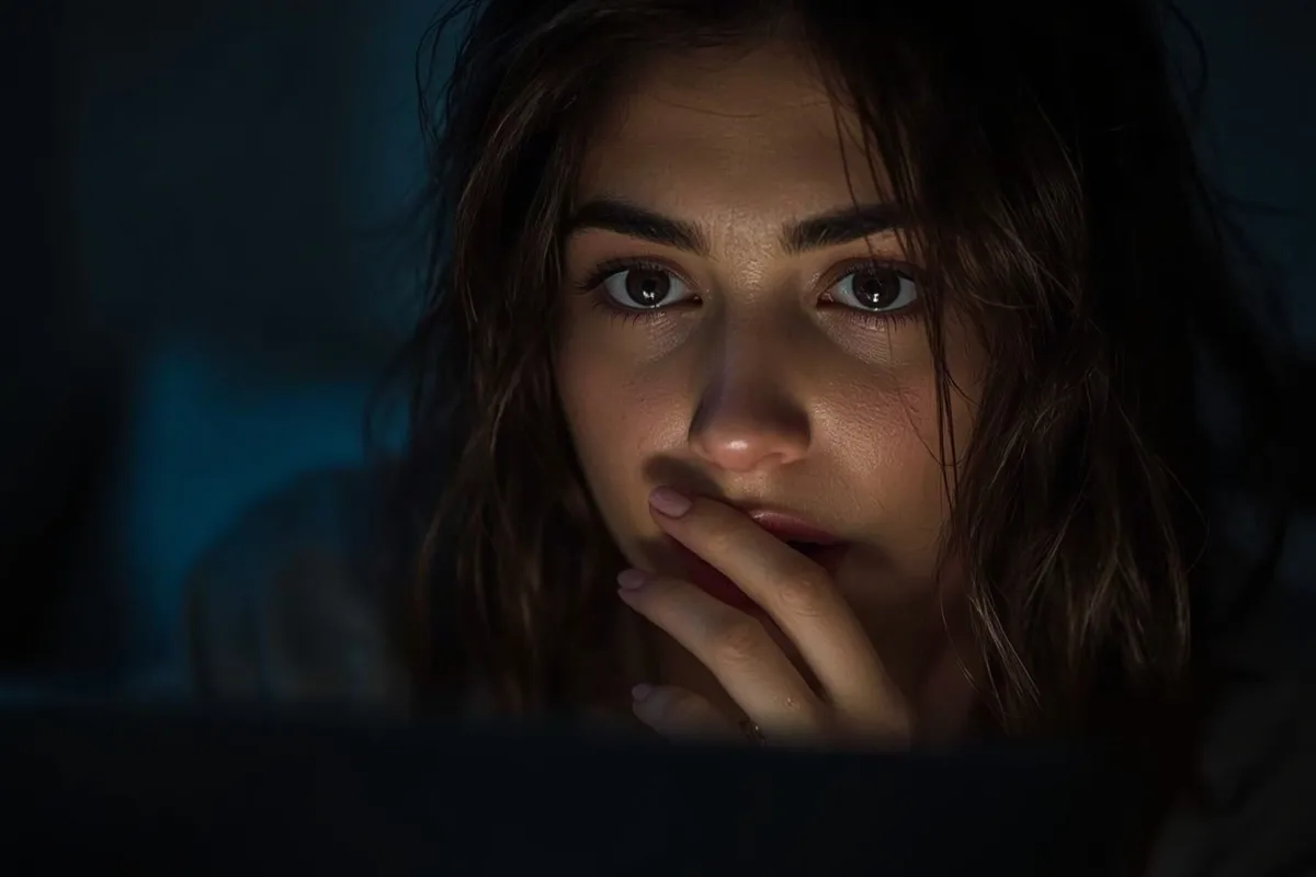 Woman's shocked expression as she views a challenge on her laptop.