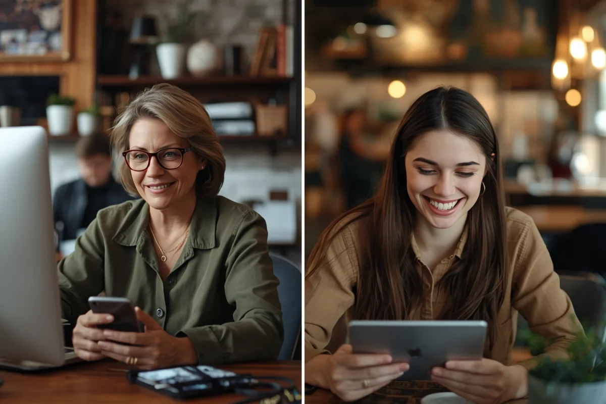 Women of different ages engaged in online chat, each in unique settings
