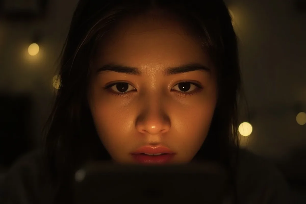 Young Asian woman in dark room with phone screen glow