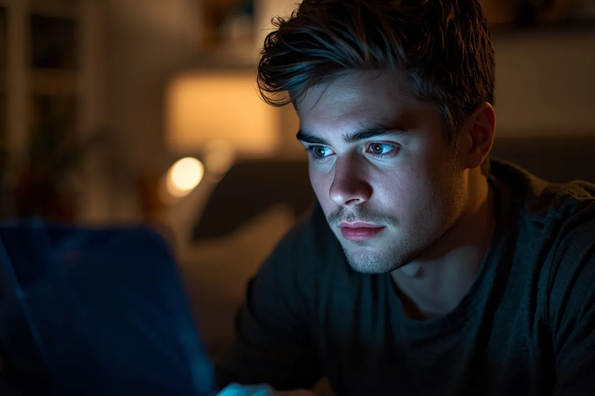 Young man discovering a random chat group on his laptop.