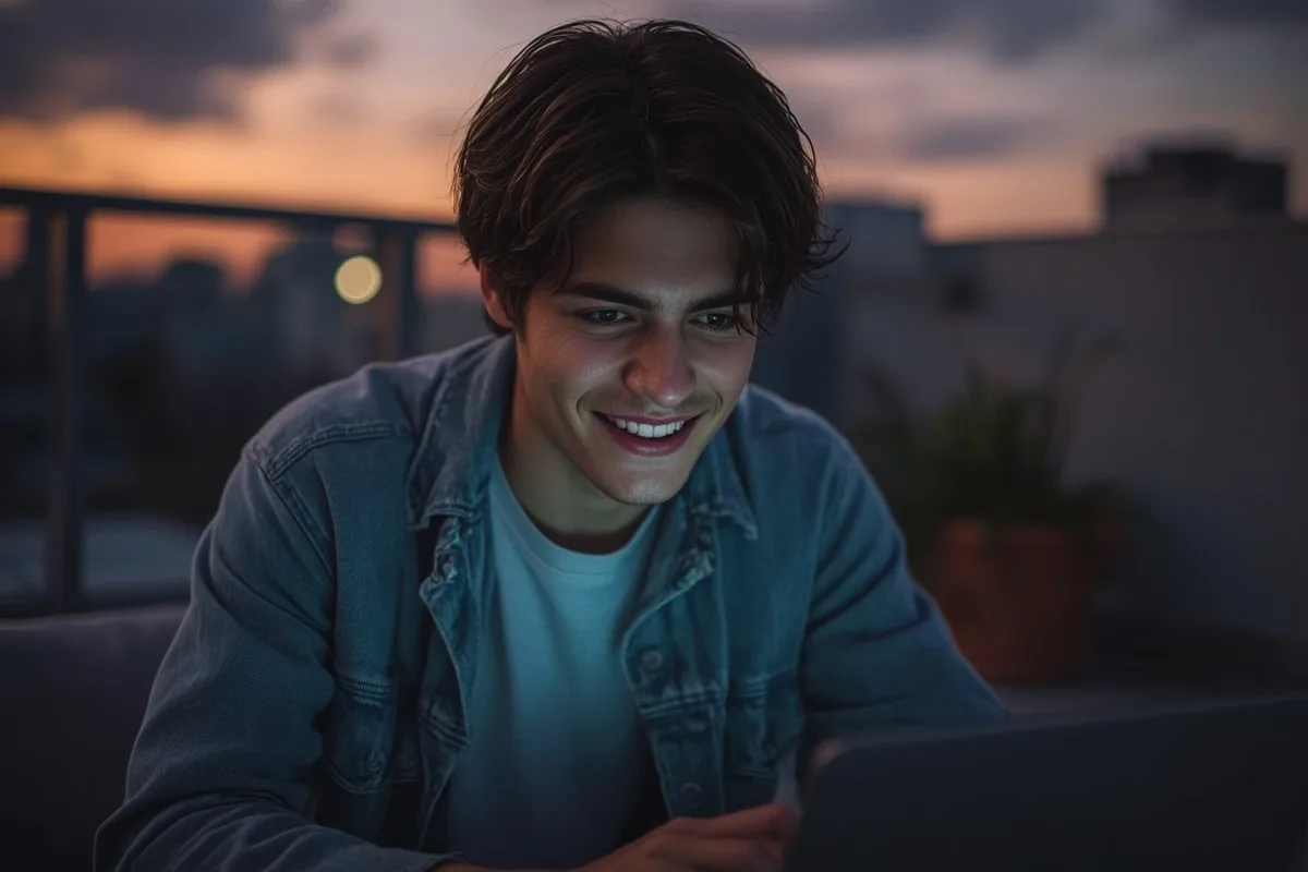 Young man exploring omegle game templates on a laptop.