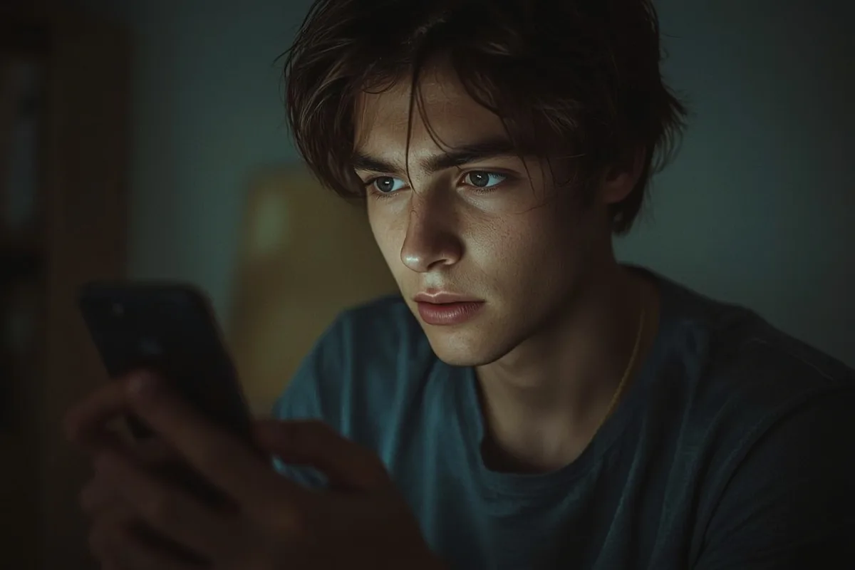 Young man intently browsing Omegle in a dimly lit room