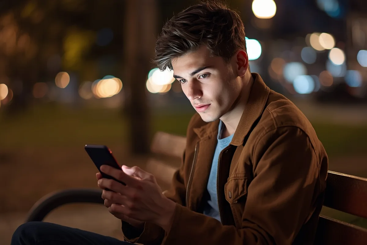 Young man on a park bench video chatting on his phone