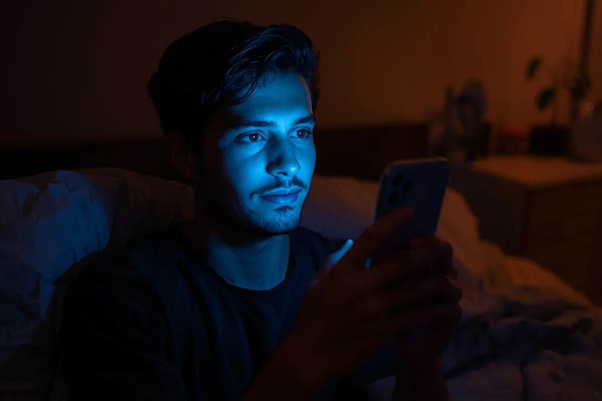 Young man on phone, video chatting in bed at night