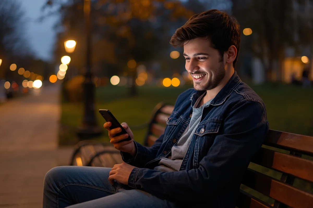 Young man smiling at his phone on a park bench at dusk