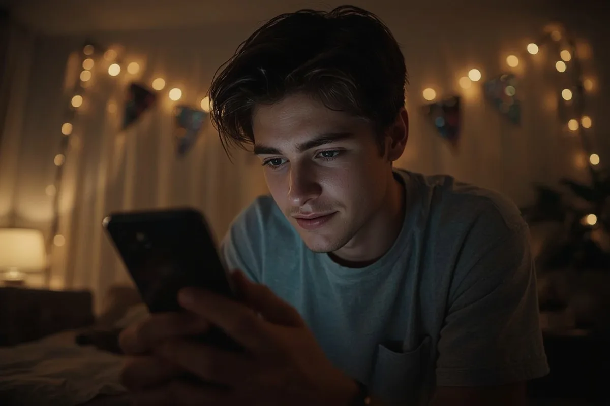 Young man smirking at his smartphone in a dimly lit room