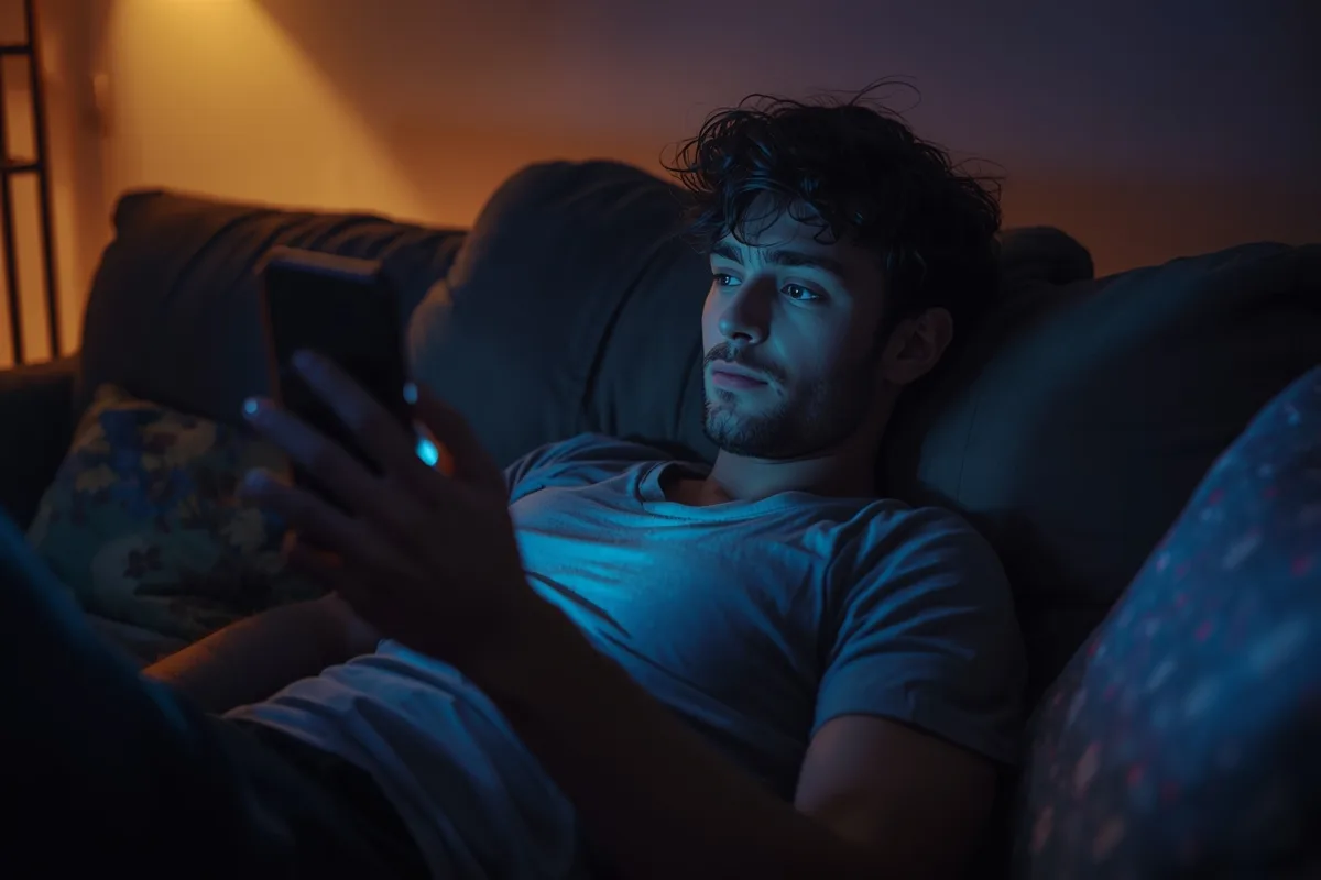 Young man using a free flirting site on his smartphone at night.