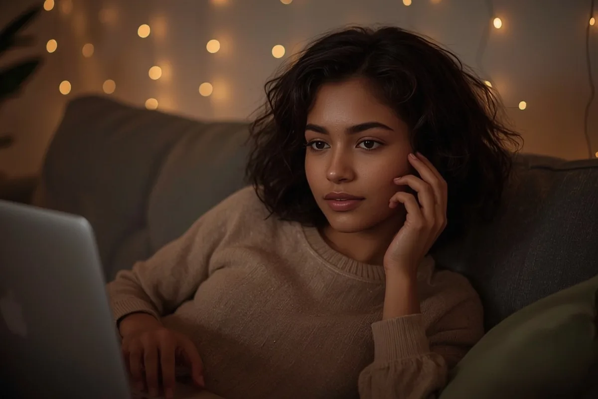 Young woman comfortably chatting on a sofa with her laptop, exuding warmth and curiosity.