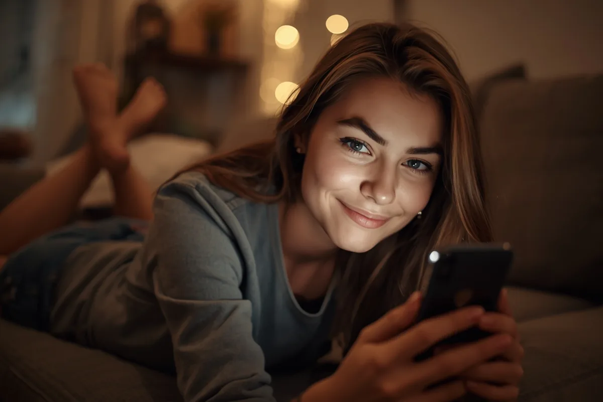 Young woman enjoying a random chat session on her phone, with a playful expression.